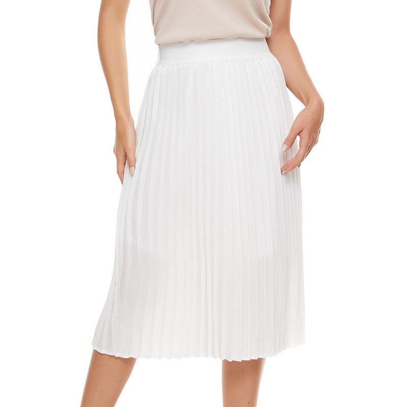 TEERFU Womens Pleated Midi Skirt,High Waist Swing Summer Pleated Skirt Casual Chiffon Elastic A-line Long Skirts White Small - Image 3